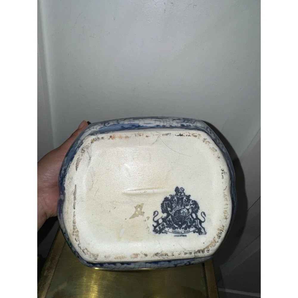 Vintage Blue & White Crackle Glaze Cachepot Planter Bowl